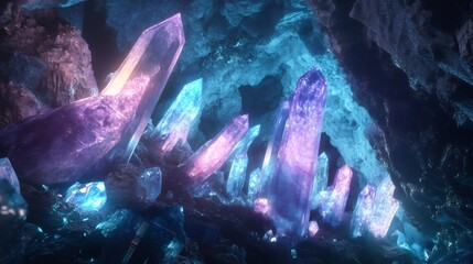 Wall Mural - A glowing crystal cave with iridescent crystals.