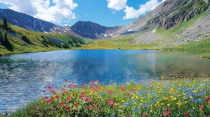 Wall Mural -  A serene lake at the base of majestic mountains, dotted with vibrant flowers, set against a backdrop of fluffy clouds