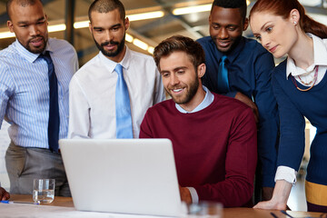 Wall Mural - Business people, teamwork and laptop for brainstorming, planning and internet with project. Group, employees and coworkers with computer, connection or idea with online reading or creativity proposal