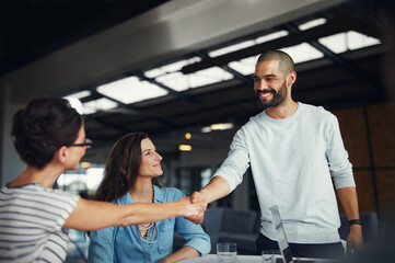 Poster - Happy man, handshake and women in startup for hiring, thank you or welcome support in meeting. Partners, workplace or designers for agreement on business deal, recruitment or opportunity for teamwork