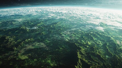    Earth from space showing the terrain below and the sun setting over the horizon