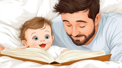 A man and baby reading a book together in bed, AI