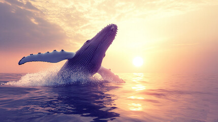 Wall Mural -   A humpback whale leaps from the water during sunset, with the sun and clouds in the background