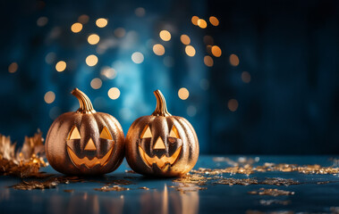 Happy Halloween pumpkins in gold color on blue blurred background. Copy space to fill. Graphic resource. Generative AI