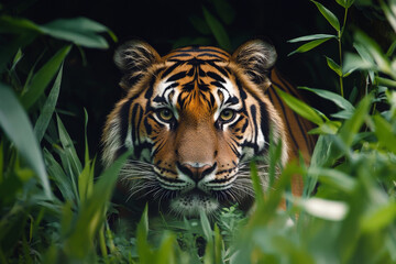 a tiger stalking through tall grass, its stripes blending into the dense foliage of a jungle forest.