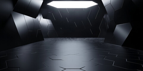 A futuristic 3D black interior with hexagonal patterns on the walls and floor. The dim lighting and sharp, geometric design elements evoke a high-tech, futuristic environment.