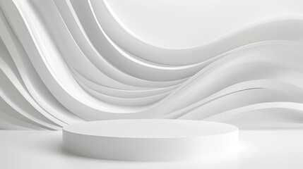 Wall Mural - A simple white cylindrical pedestal in front of a white wavy background.