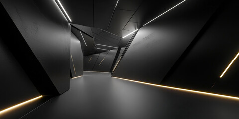 A futuristic 3D black interior with sharp, angular walls and glowing LED strips along the edges. The high-contrast design evokes a cutting-edge, high-tech environment.