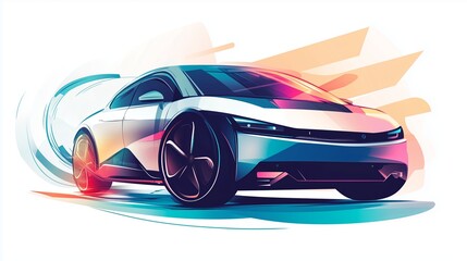 An artistic, flat style illustration of a modern electric car with a semi transparent look, centered