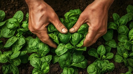 Canvas Print - Close-up of hands harvesting fresh spinach leaves from the garden, with green leaves and rich soil visible