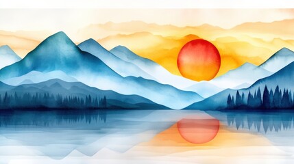 Sticker - A painting of a mountain range with water and trees, AI