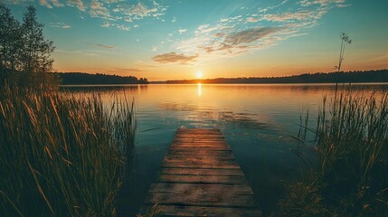 Poster -   A wooden dock rests atop a serene lake, surrounded by towering grasses as the sun sets majestically behind it