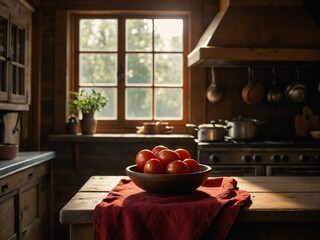 Wall Mural - Warm, rustic kitchen counter with tomatoes, a red cloth, and natural lighting.