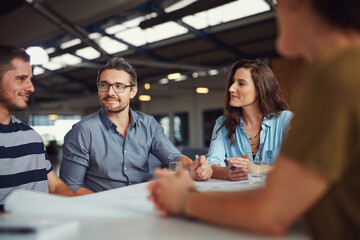 Poster - People, small business and meeting in office for brainstorming, advice or project management. Team, communication or architecture at table with proposal, feedback or planning for company growth