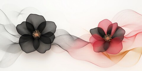 Wall Mural - An abstract background featuring delicate waves and black camellia flowers with a red flower, providing ample copy space