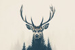 © AI_images_for_people - A majestic deer with large antlers, the silhouette filled with a dense pine forest, trees blending into the white background.