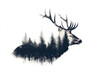 © AI_images_for_people - A majestic deer with large antlers, the silhouette filled with a dense pine forest, trees blending into the white background.