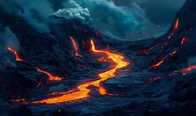 Poster - A River of Molten Lava Flowing Through a Volcanic Landscape