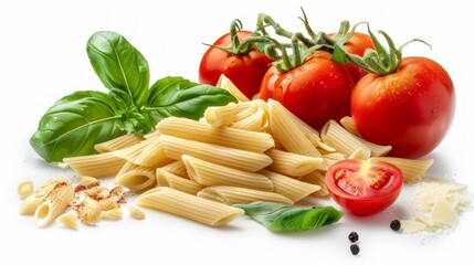 Wall Mural - Fresh ingredients for a delicious pasta dish are beautifully arranged. Plump tomatoes, vibrant green basil, and pasta create a colorful and appetizing scene. Perfect for food lovers. AI