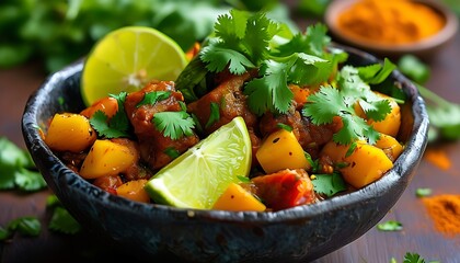 Wall Mural - The bowl contains sumptuous delicacies, served with fresh lime and coriander, rich in color and mouth-watering