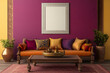 © Andre - A vibrant, Indian-style living room featuring rich colors, ornate wooden furniture, and silk cushions. One large, white photo frame on the wall. Mockup for photos and art.