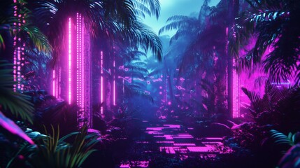 Wall Mural - a mysterious pathway through a lush tropical jungle illuminated by vibrant pink neon lights.