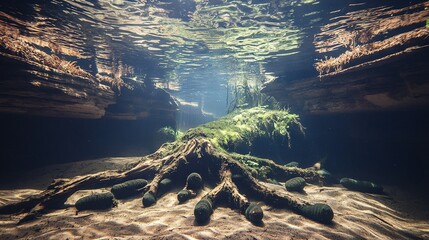   An image showcases an underwater tree stump surrounded by water with sunlight illuminating the scene, highlighting the roots emerging from the depths