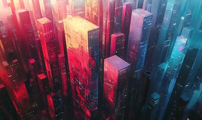 Poster - Abstract Cityscape with Red and Blue Buildings