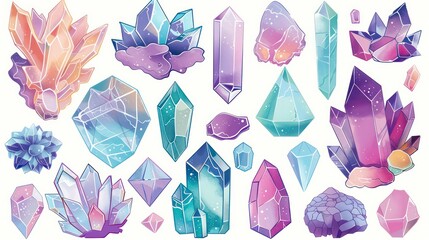Wall Mural - a collection of 20 colorful cartoon crystals with various shapes and sizes.