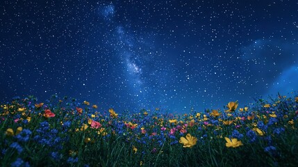 Wall Mural -   A field of wildflowers beneath a star-studded night sky with the Milky Way rising