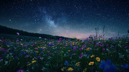   A field brimming with wildflowers, bathed by starlight in the sky above undulating hills and trees