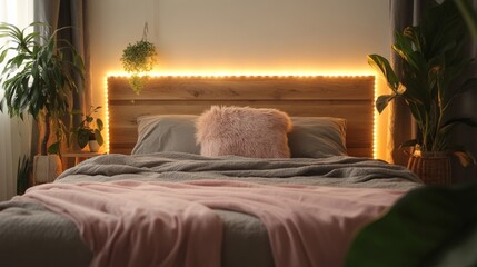 Wall Mural - Bedhead with lights, fur pillow, gray sheets, pink blanket in bright room.