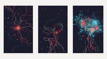 Wall Mural - three abstract illustrations of the human brain with glowing neurons, resembling a galaxy with twink