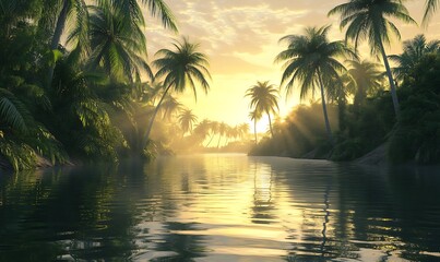 Poster - Sunset Over a Tropical River With Palm Trees