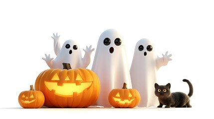 A glowing pumpkin and cute ghost standing beside a family of four dressed in ghost costumes, jack-o-lanterns and a black cat at their feet, white background