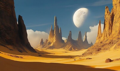 Sticker - A crescent moon hangs above a desolate, rock-strewn desert landscape