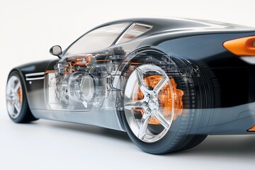 sleek, semi transparent modern diesel car with its engine and transmission visible inside. the car