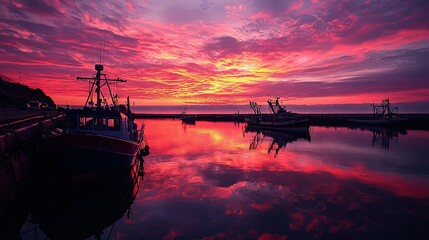 Wall Mural -   A collection of vessels floating atop a tranquil expanse, framed by a vivid sky and distant cloud formations