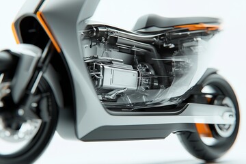 sleek, semi transparent modern electric scooter with its engine and transmission visible inside. The