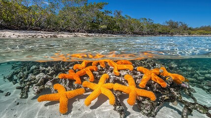 Wall Mural -   A cluster of orange sea stars clinging to a coral reef off the coastline of a tropical island amidst the vast expanse of ocean water