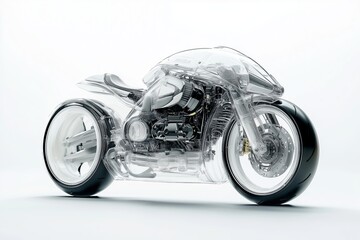 sleek, semi transparent modern motorcycle with its engine and transmission visible inside. The