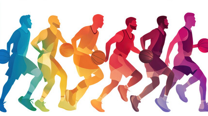 Poster - A group of men in different colors running with basketballs, AI