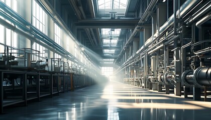 A factory production line is lined with neatly arranged pipes, and bright lights are sprinkled on the ground through high windows, creating a modern industrial atmosphere.