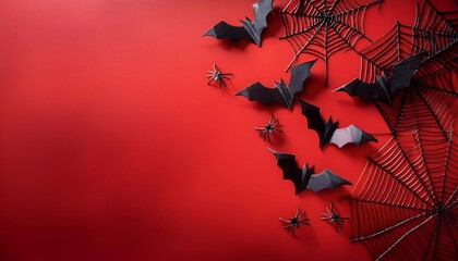 bats, spiders and cobwebs on red textured background, with space for text, halloween concept