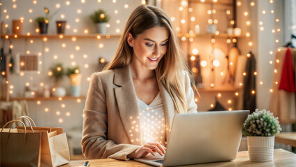 beautiful young woman using laptop while sitting at table with shopping bags