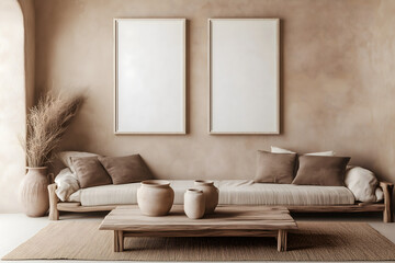 A Wabi-Sabi living room featuring natural tones, minimalist decor, and rustic textures. Two large, white photo frames on the wall. Mockup for photos and art.