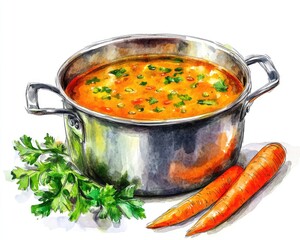 Soup Pot Sketch. Hand-drawn Watercolor Illustration of Carrot Soup in Cooking Pot