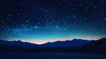 Wall Mural - A starry night sky above a silhouetted mountain range with desert sand dunes in the foreground.