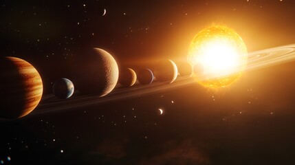 Wall Mural - A stunning view of a solar system with a bright star, a ringed planet, and multiple other planets, all in a dark, starry background.