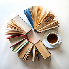 high angle view of books on table against white